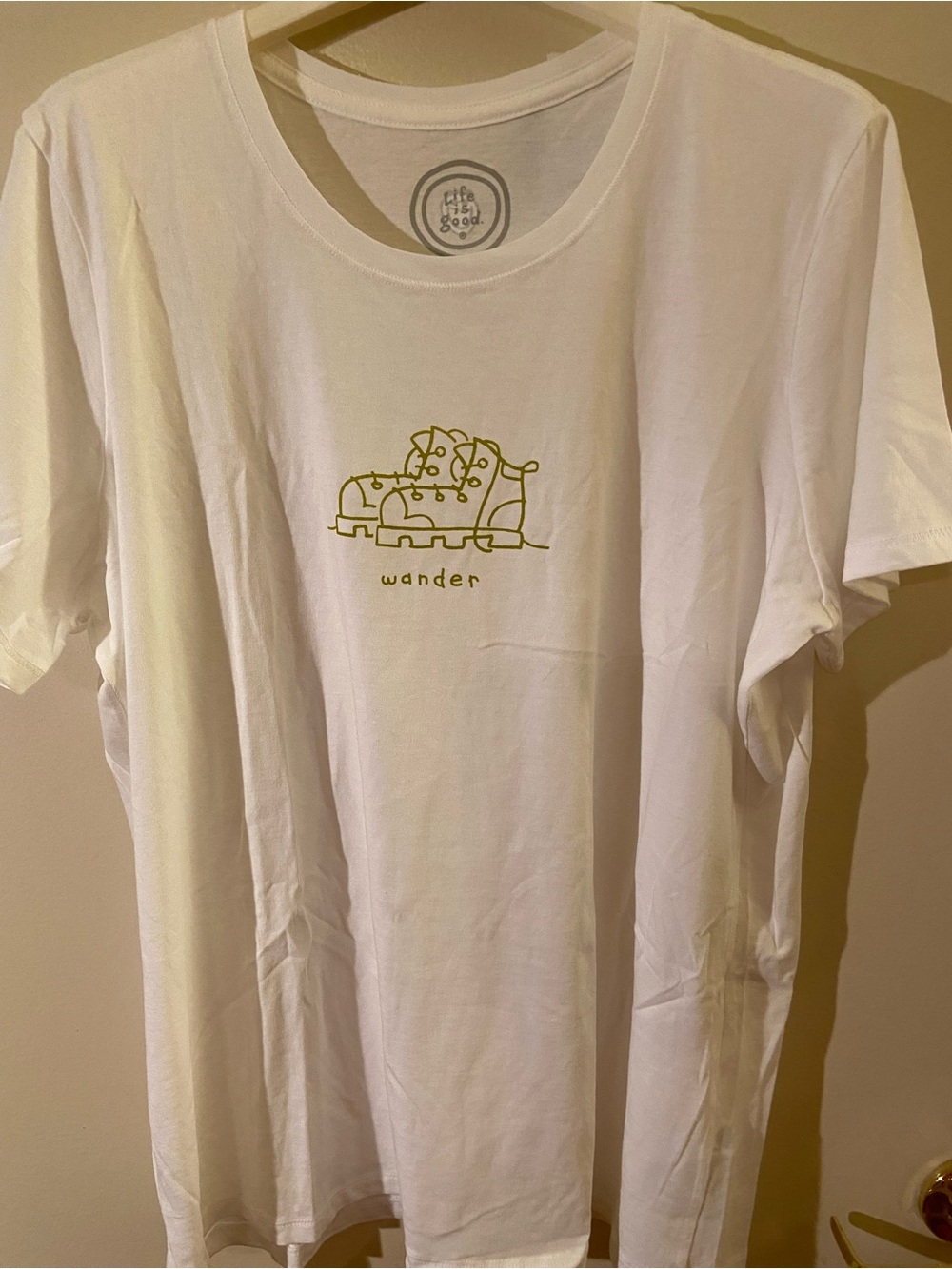 Life Is Good White Tee with Sage Logo Print “Boots Wandering “